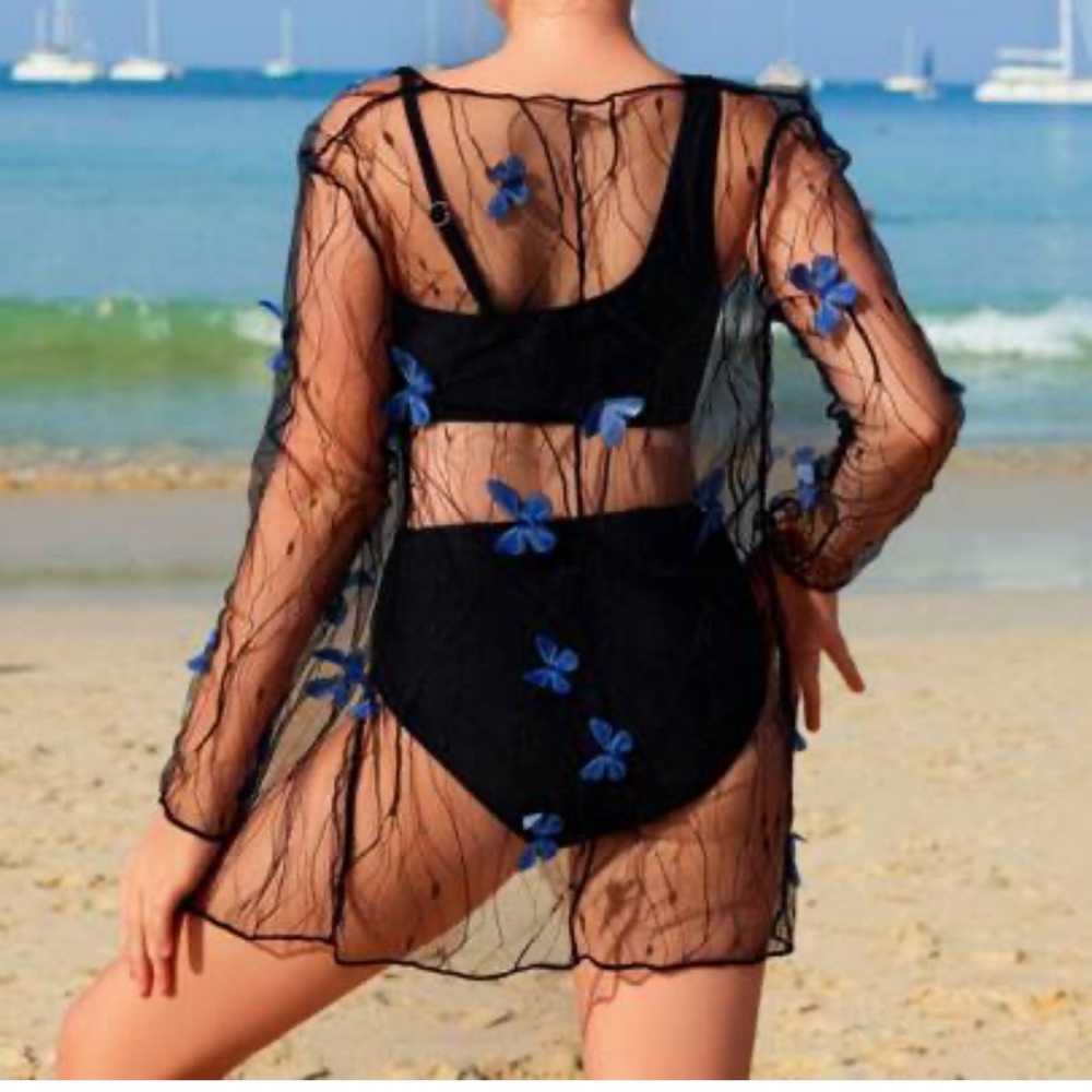 Black and Blue Floral Sheer Swim Cover-Up
